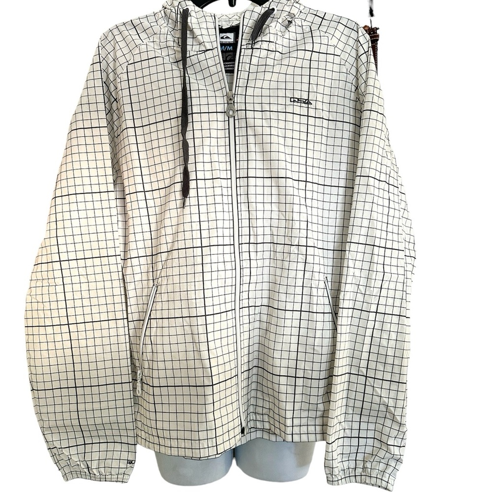 Quicksilver Windbreaker Jacket White w/Dark Gray Full Zip Hood Zip Pockets Med